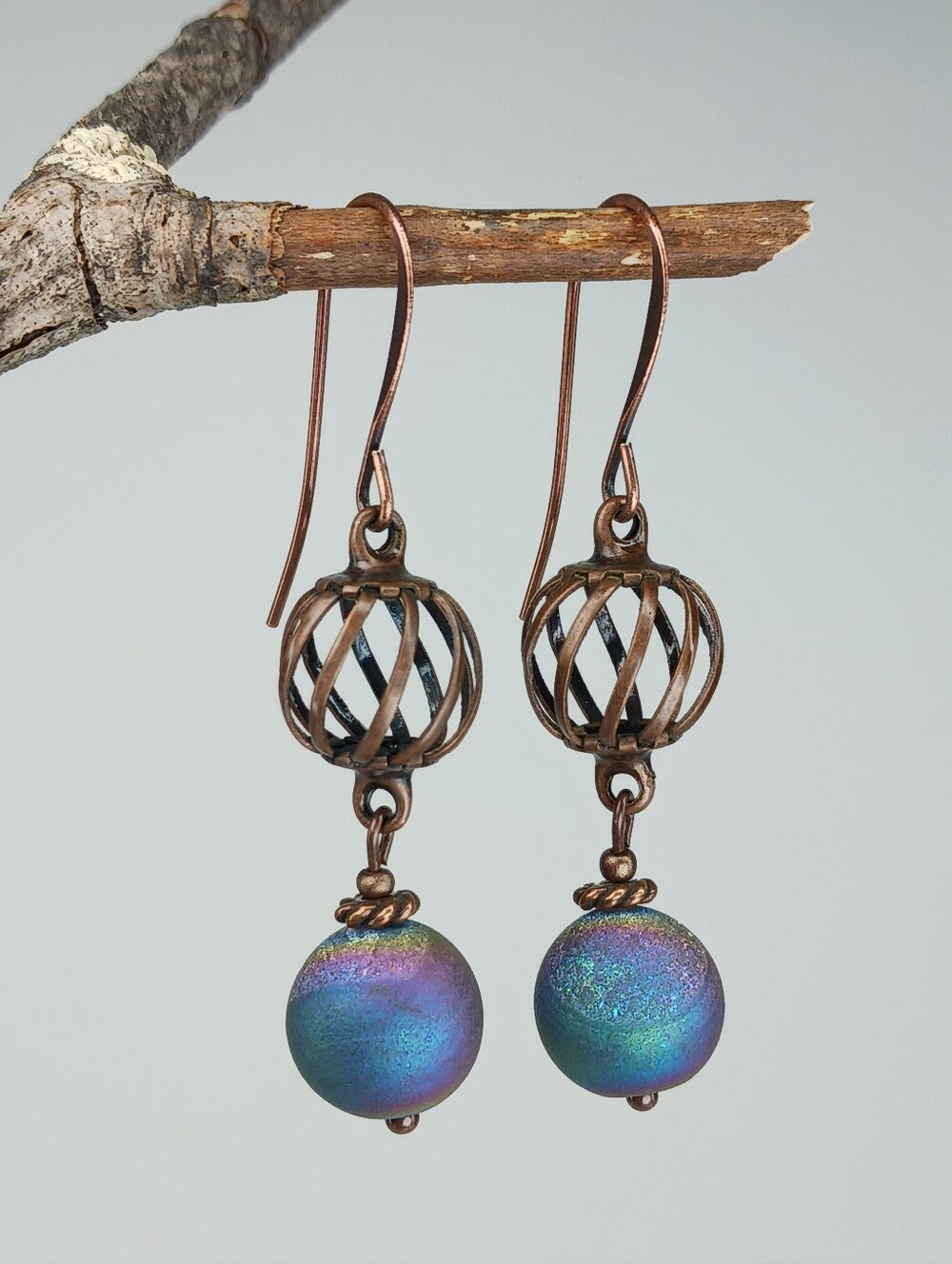 Rainbow Druzy Agate Earrings Copper Moonlit Garden Hand Crafted - Picture 4 of 6